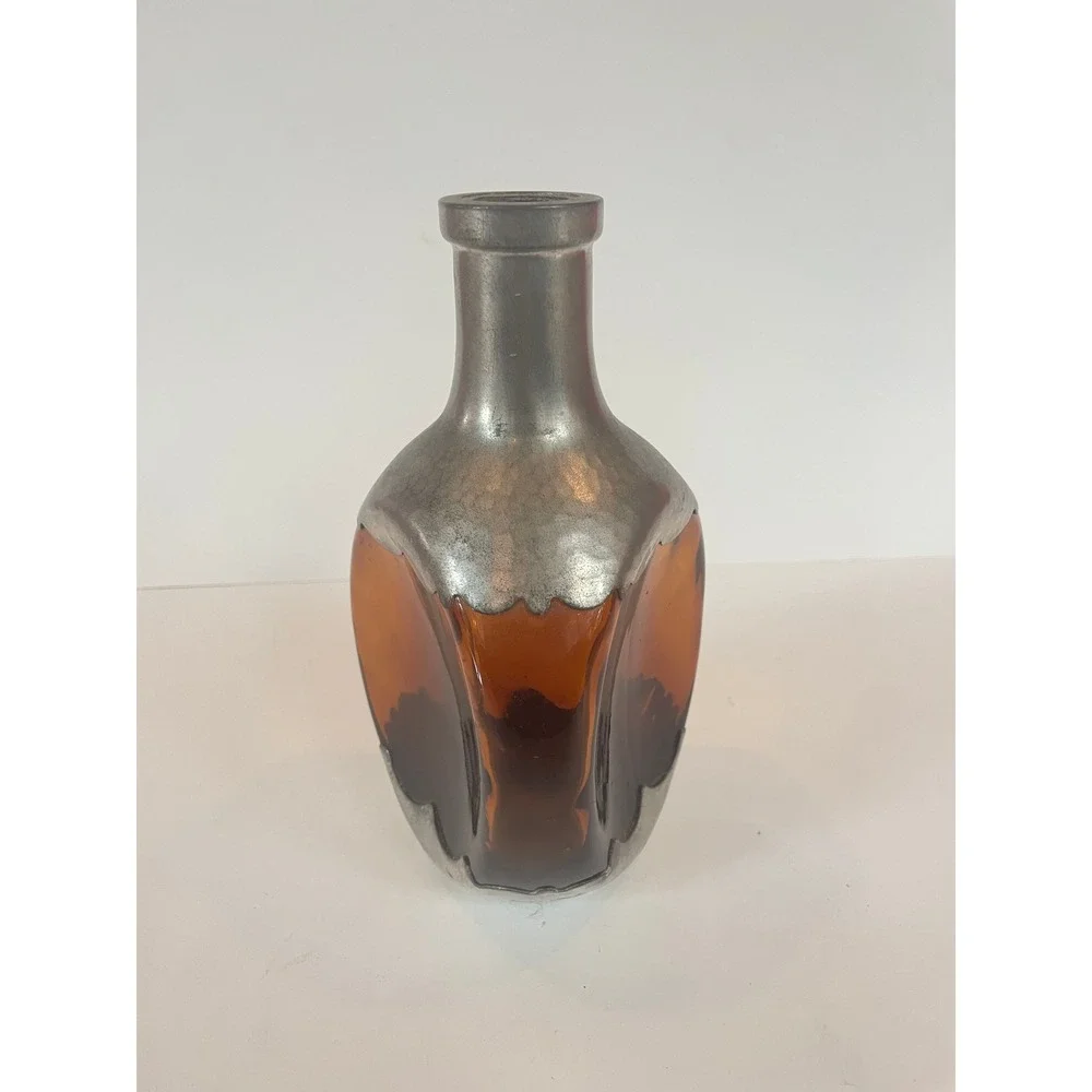 Vintage Amber Glass‎ Decanter Hammered Metal Overlay Scalloped Bottle Brutalist